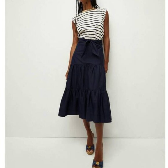 Veronica Beard Jean Pazila Tiered Midi Dress In Navy Blue And White Size L NWT - Picture 2 of 15